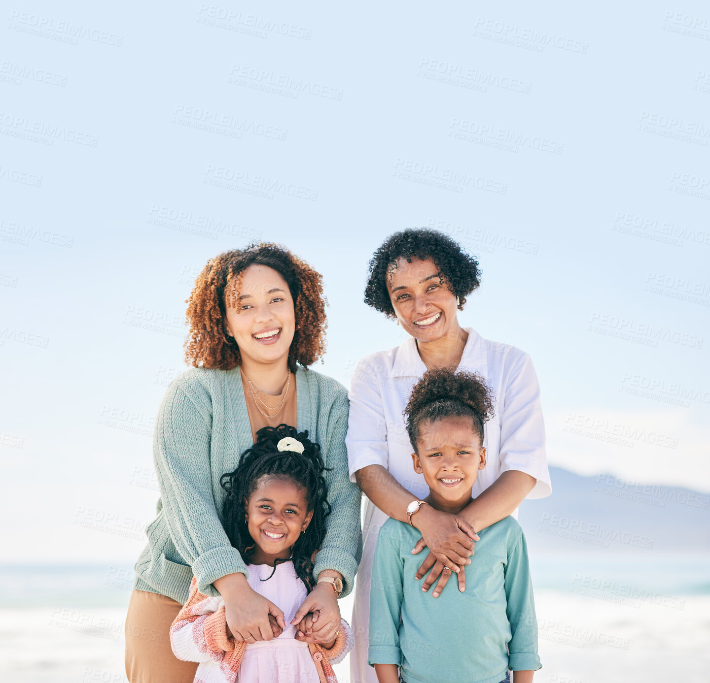 Buy stock photo Nature portrait, blue sky and happy family on beach holiday for peace, freedom and outdoor quality time together. Love, ocean sea sand or Mexico children, grandmother and mother with vacation mock up