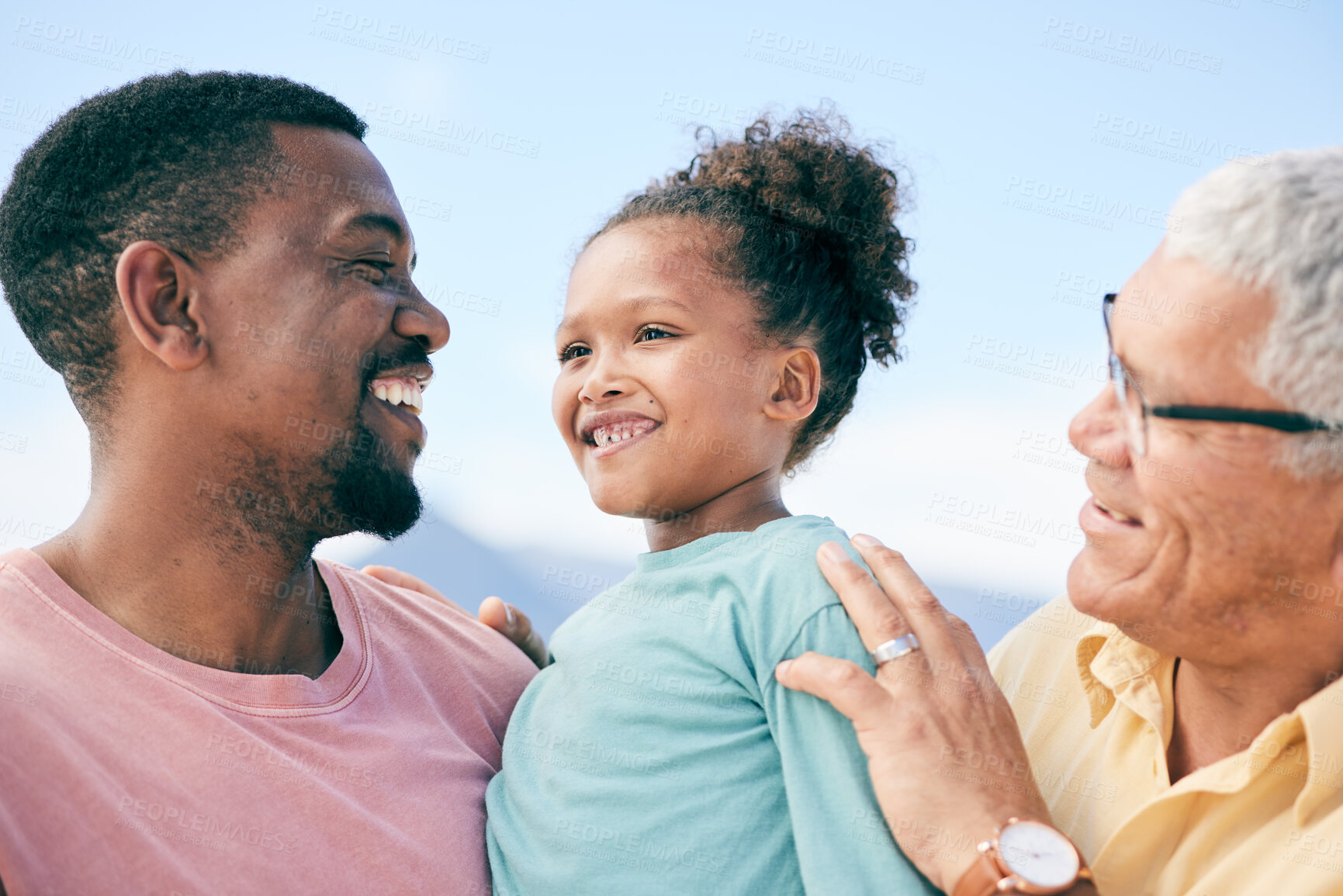 Buy stock photo Grandfather, dad and child on beach holiday in South Africa with love, happiness and freedom together. Travel, happy black family and generations, smile and bonding on summer vacation for men and kid