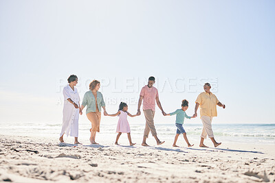 Buy stock photo Happy family walking on beach holding hands with children for love, bonding and quality time together. Relax, smile and kids with mom, dad and grandparents on holiday, summer vacation and weekend