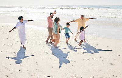 Buy stock photo Family have fun on beach, freedom and generations with travel  and grandparents with parents and kids. Adventure, happy people outdoor and carefree, excited running and playful, happiness on vacation