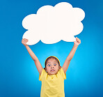 Speech bubble, thinking and portrait of child in shock for news, opinion and announcement on blue background. Talking, speaking mockup and wow, omg and surprised girl with cardboard poster in studio