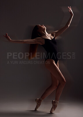 Buy stock photo Art, dance and woman in the dark for ballet isolated on a black background in a studio. Creative, elegant and contemporary dancer dancing for a theater performance, rehearsal or ballerina movement