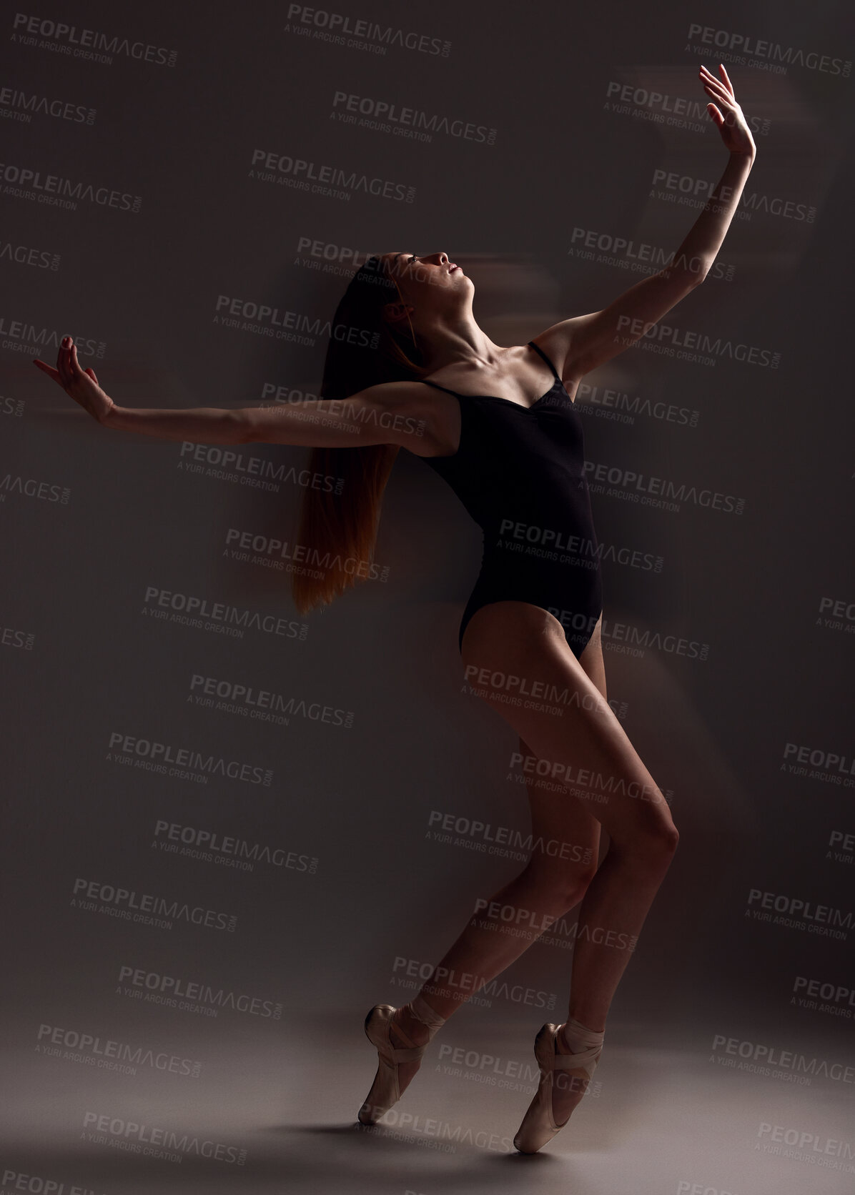 Buy stock photo Art, dance and woman in the dark for ballet isolated on a black background in a studio. Creative, elegant and contemporary dancer dancing for a theater performance, rehearsal or ballerina movement