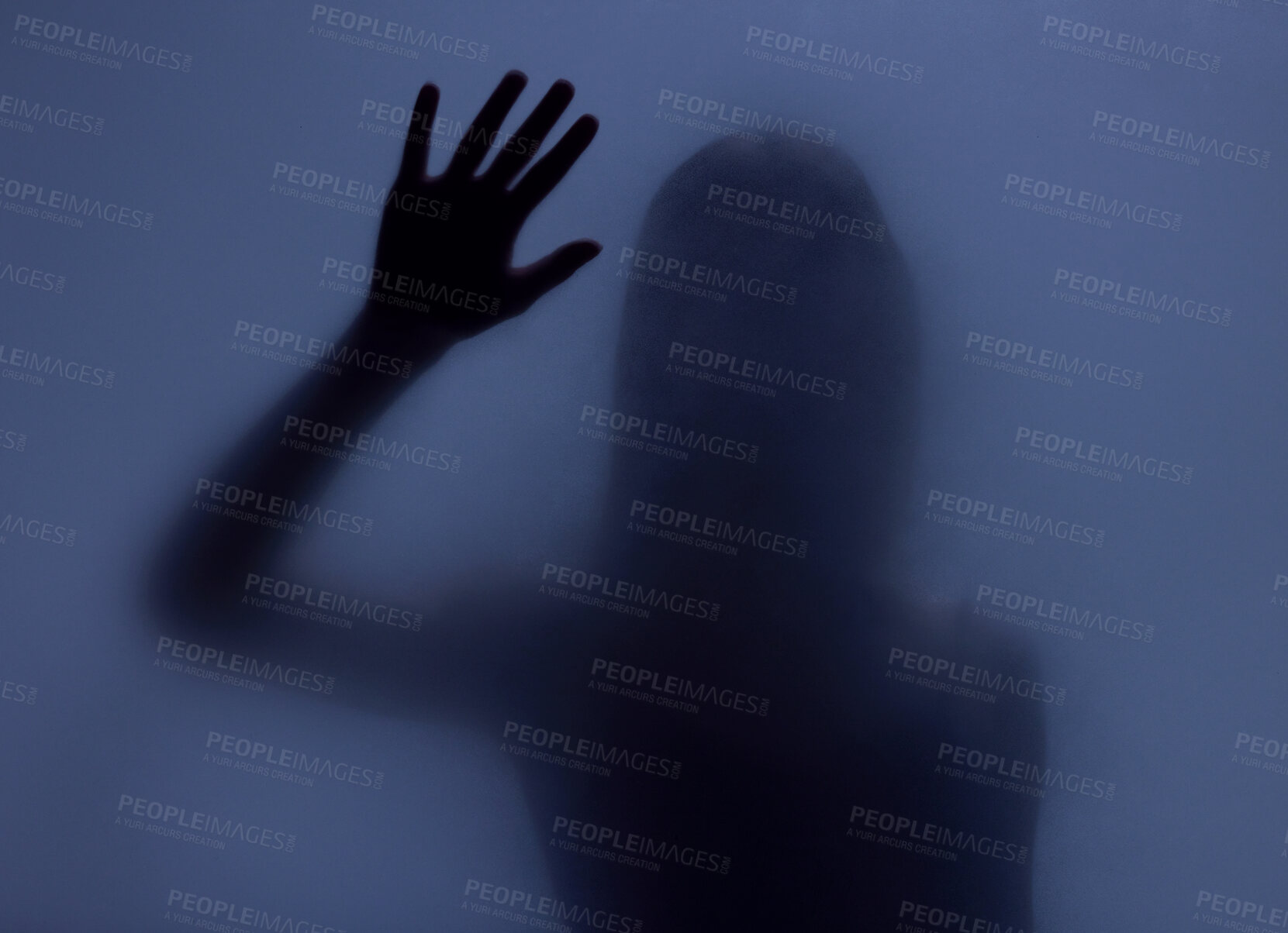 Buy stock photo Shadow, glass and hand with a woman in studio on a blue background for mystery or sensual secrecy. Creative, silhouette and window with a female posing for beauty, art deco or feminine desire