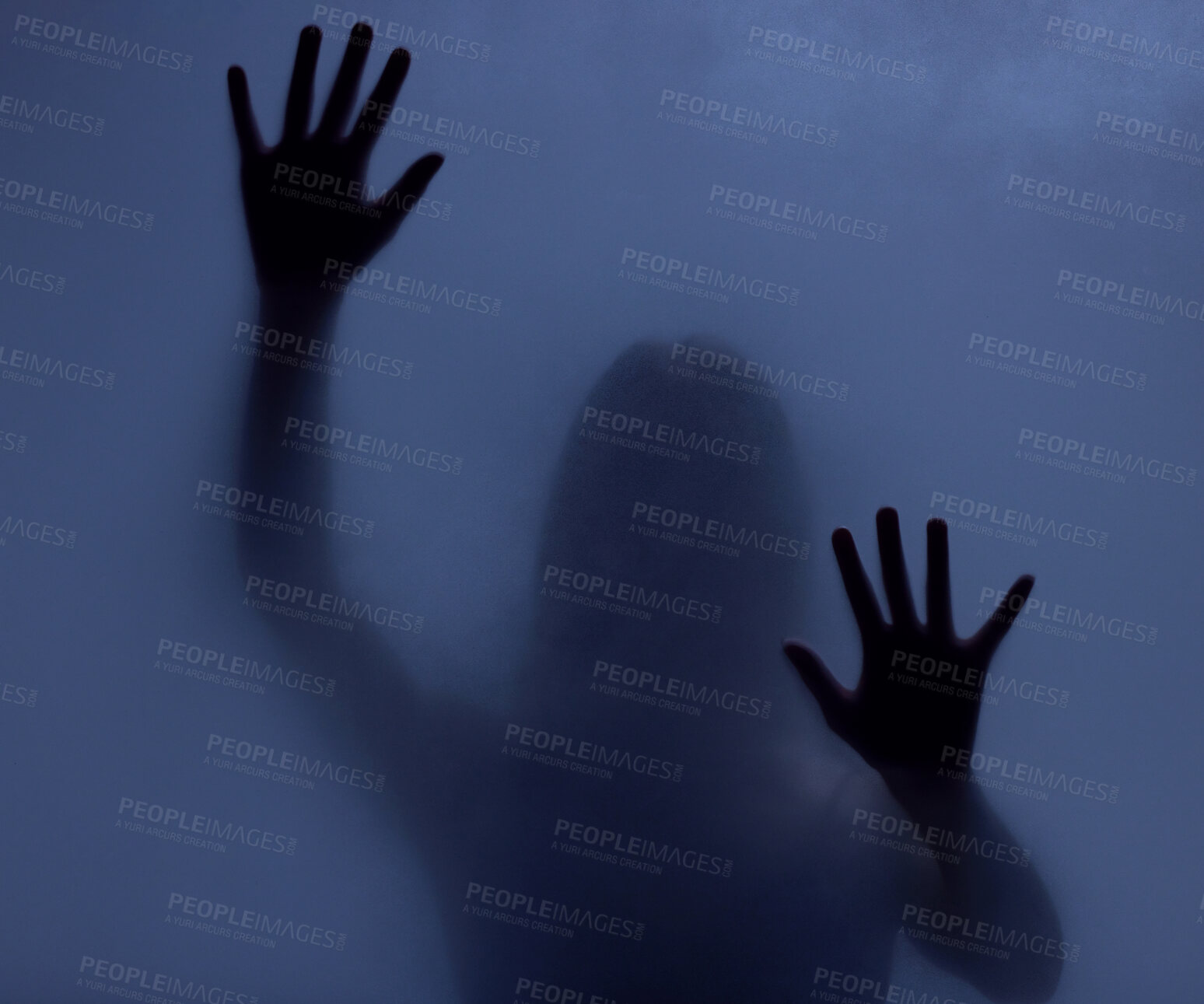 Buy stock photo Horror, mystery and shadow of a woman on a window for fear, escape or nightmare. Dark, hands and a ghost, girl or person with paranormal activity, spooky behavior or strange movement in a studio