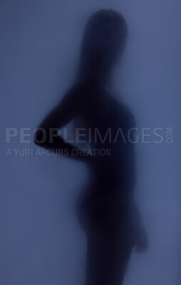 Buy stock photo Woman silhouette, glass and sexy shadow with creative art deco, screen and natural body health. Girl, model and mockup by window with smoke, dark aesthetic and sensual mystery with wellness of person
