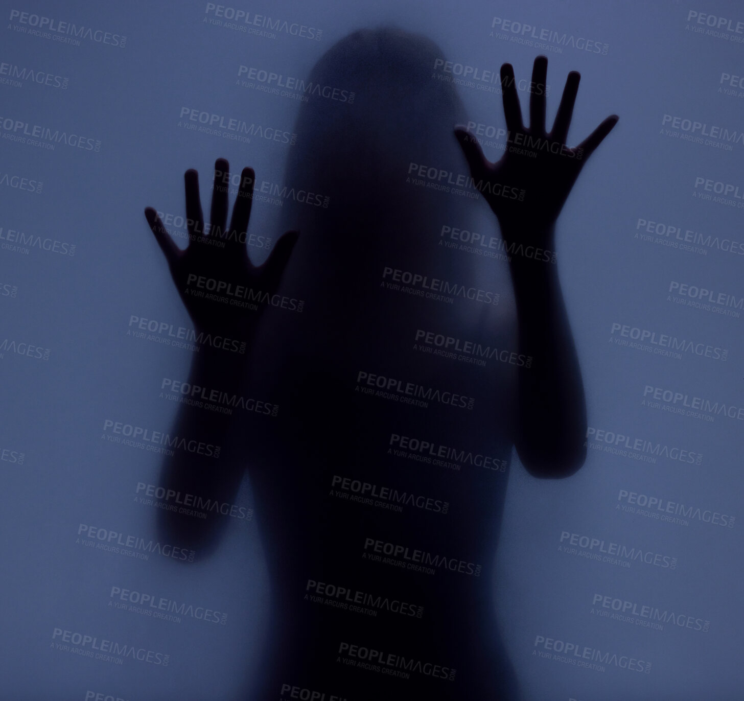 Buy stock photo Shadow, glass and hands with a woman in studio on a blue background for mystery or sensual secrecy. Creative, silhouette and window with a female posing for beauty, art deco or feminine desire