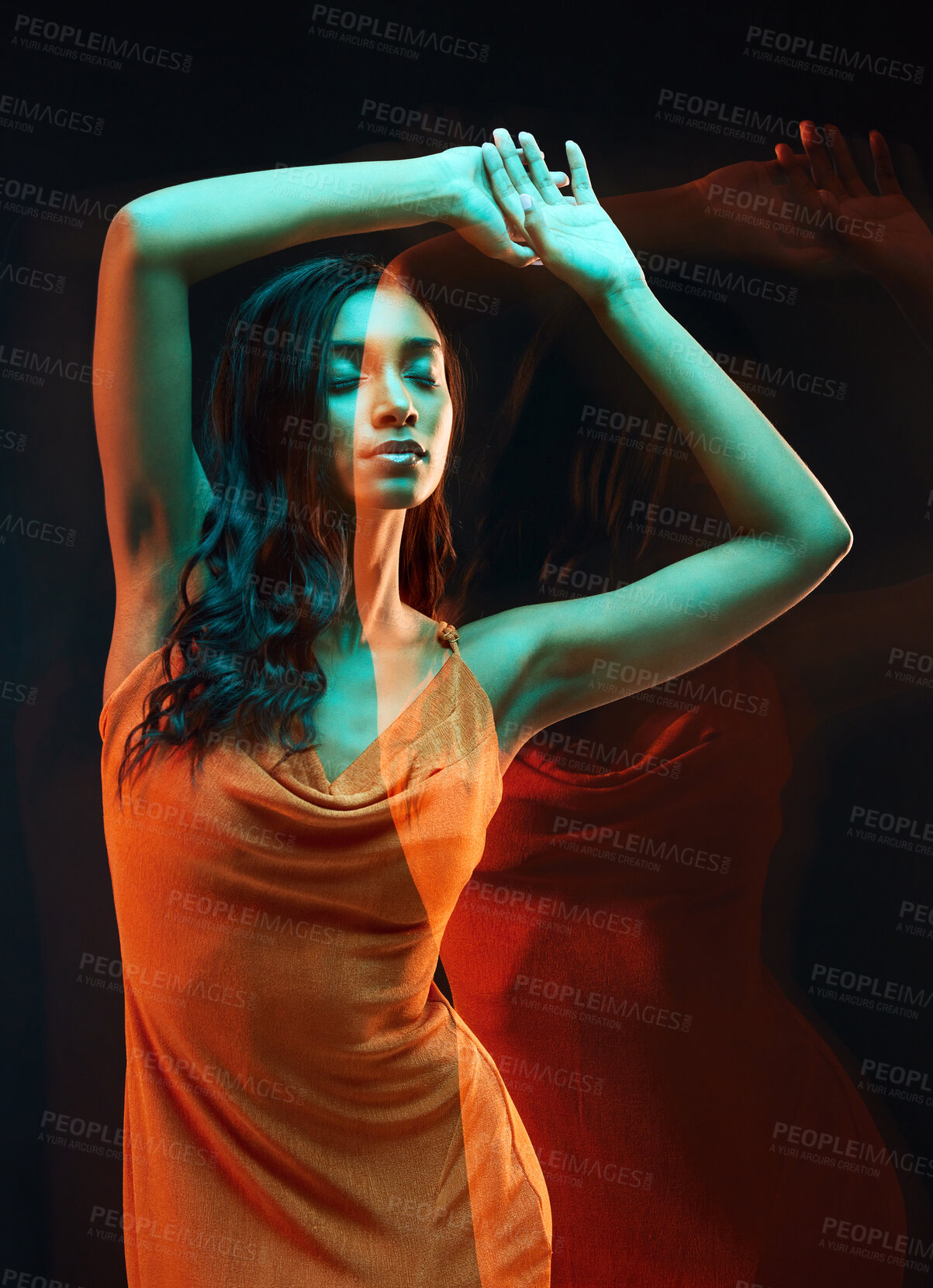 Buy stock photo Double exposure, abstract fashion and woman in a dress isolated on a black background in studio. Freedom, art and an artistic girl posing for creativity, style and elegance on a dark backdrop