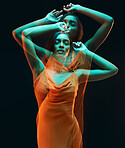 Green light double exposure, dancing and Indian woman with beauty and luxury brand aesthetic. Creative lighting, female and model with dark background in a studio with modern style and designer dress