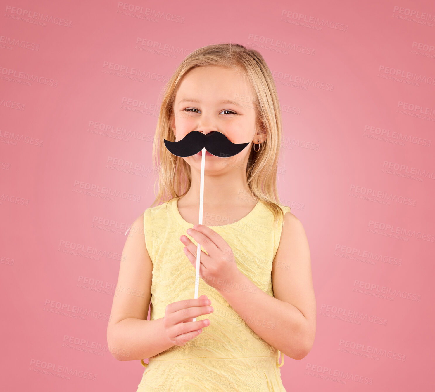 Buy stock photo Girl, child and portrait in studio with moustache prop on a pink background with a smile and stick. Female kid model with happiness, creativity and comic icon in hand isolated on a color and space