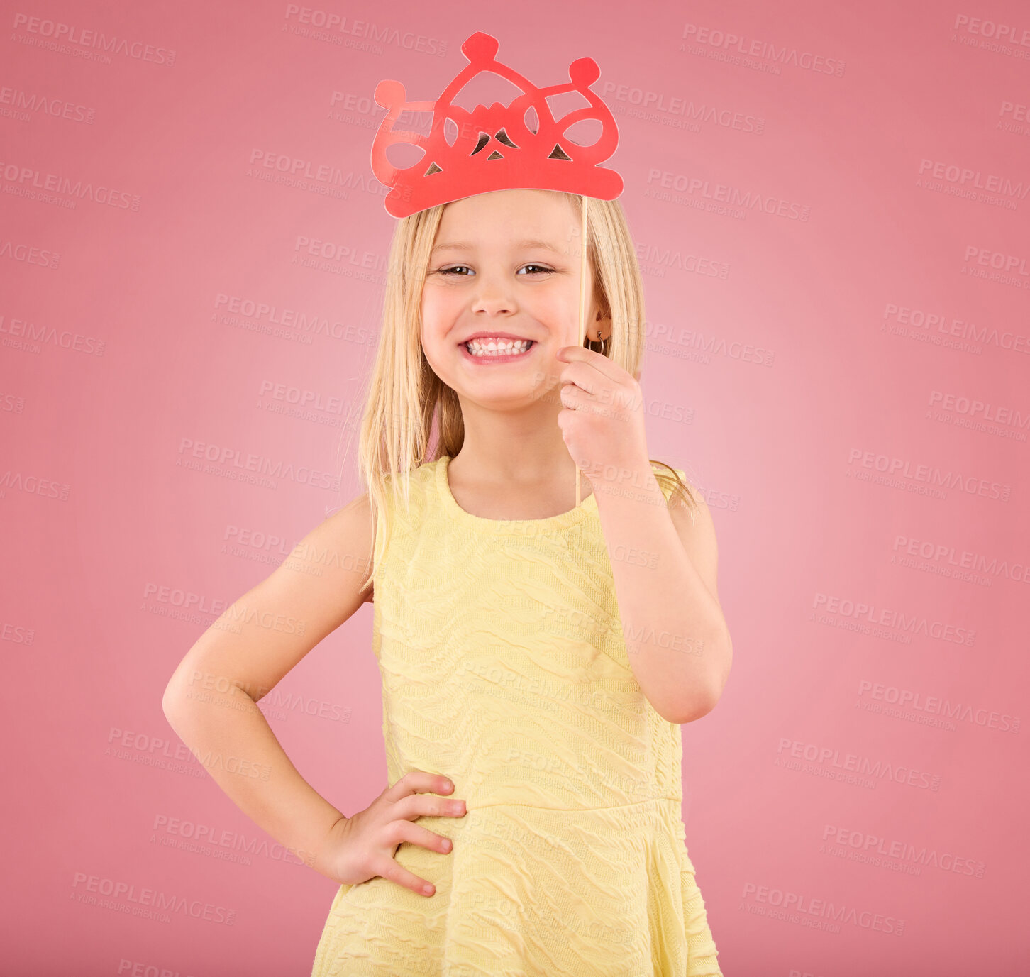 Buy stock photo Girl, child and smile portrait with a crown in studio on a pink background with smile and prop. Female princess kid model with happiness, creativity and royal icon in hand isolated on color and space