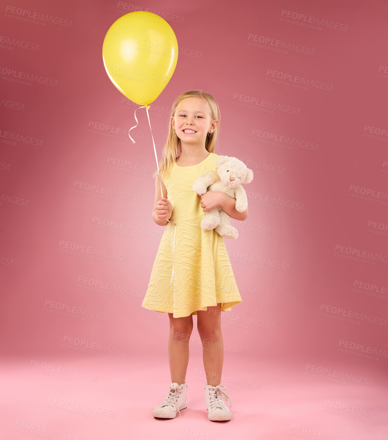 Buy stock photo Teddy bear, girl balloon and portrait with a soft toy with happiness and love for celebration in studio. Isolated, pink background and a young female feeling happy, joy and cheerful with friend
