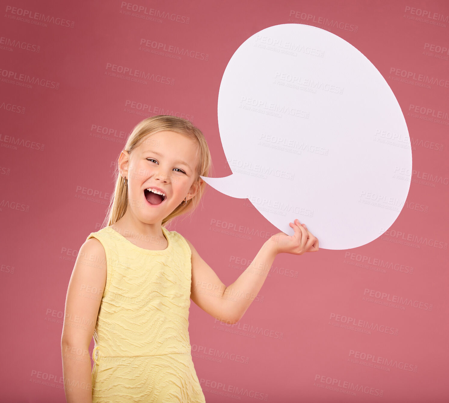 Buy stock photo Speech bubble, smile and portrait of child on pink background for news, announcement and opinion. Speaking, talking mockup and happy girl with empty poster, banner and billboard space in studio
