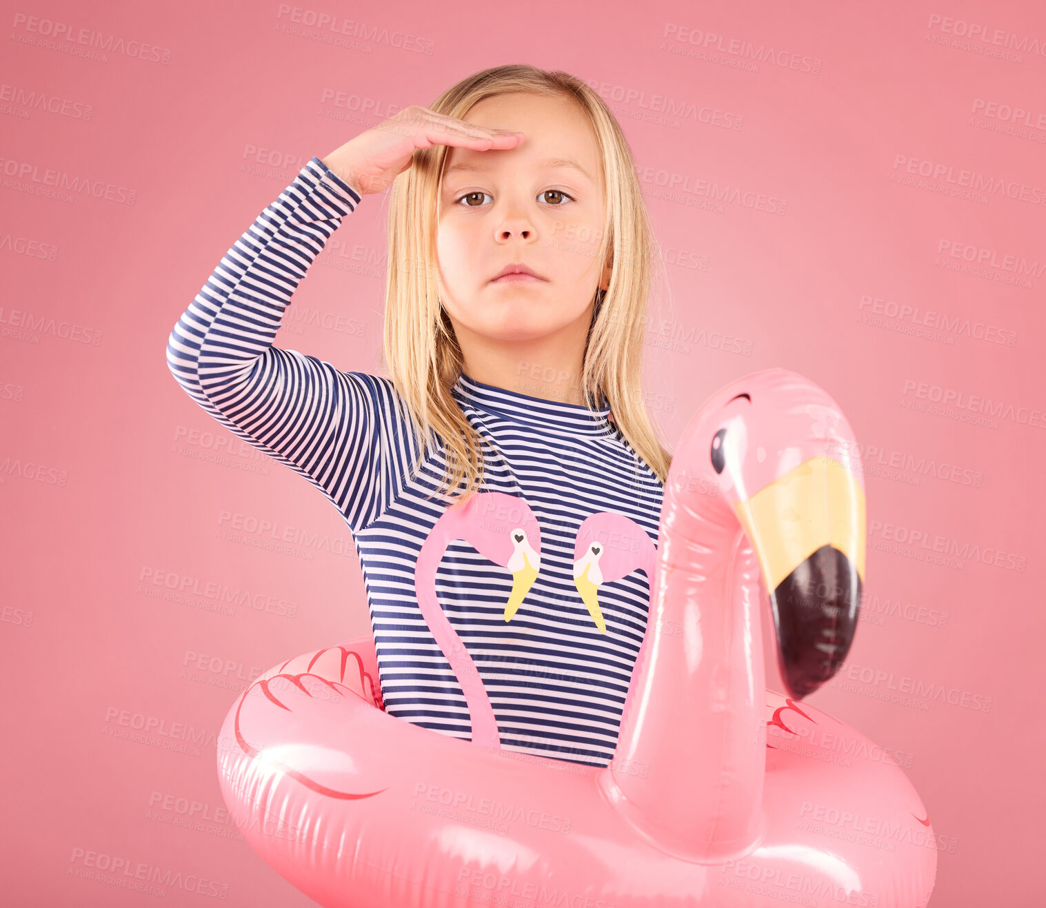 Buy stock photo Safety, search and portrait of girl and pool float for swimming, summer break or cute. Youth, swimsuit and inflatable with child and flamingo ring for playful, beach and holiday on pink background