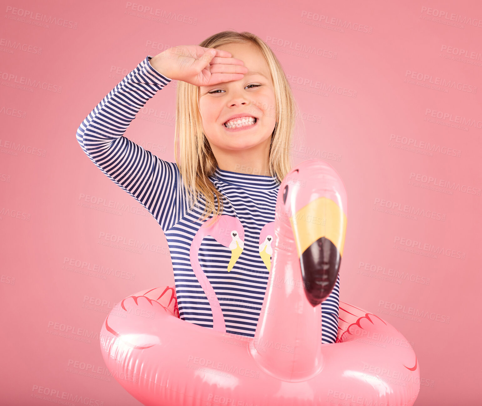 Buy stock photo Safety, smile and portrait of girl and pool float for swimming, summer break or happiness. Youth, funny and inflatable with child and flamingo ring for pool, smile or beach holiday on pink background