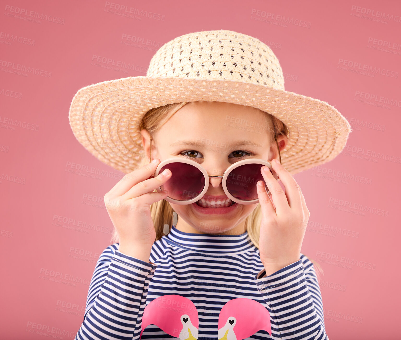 Buy stock photo Vacation, portrait of child in studio with sunglasses and fun clothes and hat isolated on pink background. Summer, holiday and fashion, happy girl in Australia excited for travel with smile on face.