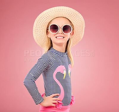 Buy stock photo Vacation, portrait of child with sunglasses and hat in studio with fun clothes isolated on pink background. Summer, holiday and fashion, happy girl in Australia excited for travel with smile on face.