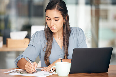 Buy stock photo Architecture notes, laptop and woman working on real estate and construction plan research. Engineering, building industry and property development strategy with a female writing data at a cafe