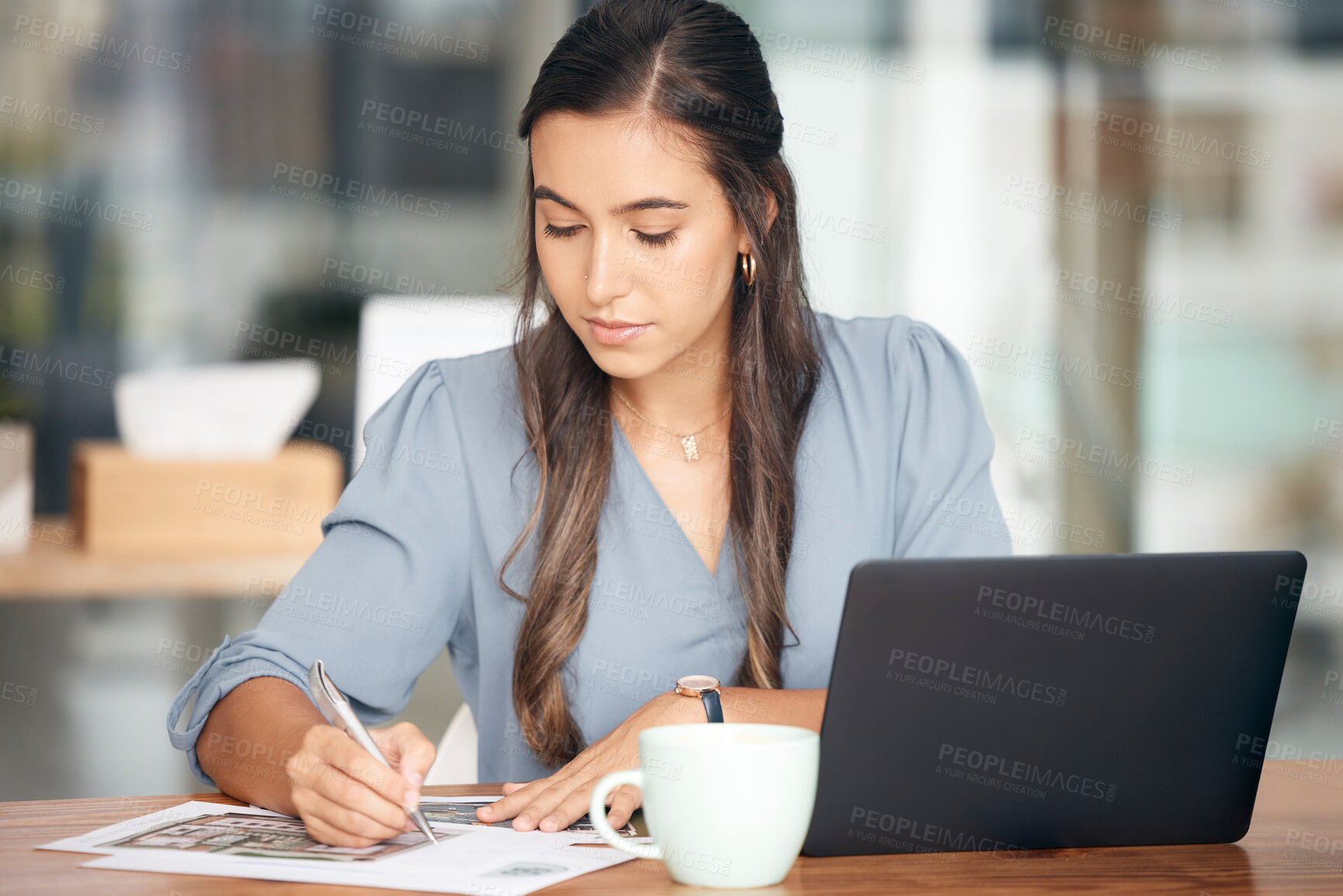 Buy stock photo Architecture notes, laptop and woman working on real estate and construction plan research. Engineering, building industry and property development strategy with a female writing data at a cafe