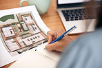 Architecture blueprint, notebook hands writing and woman working on real estate and construction plan. Engineering, building industry and property development strategy with a female with notes