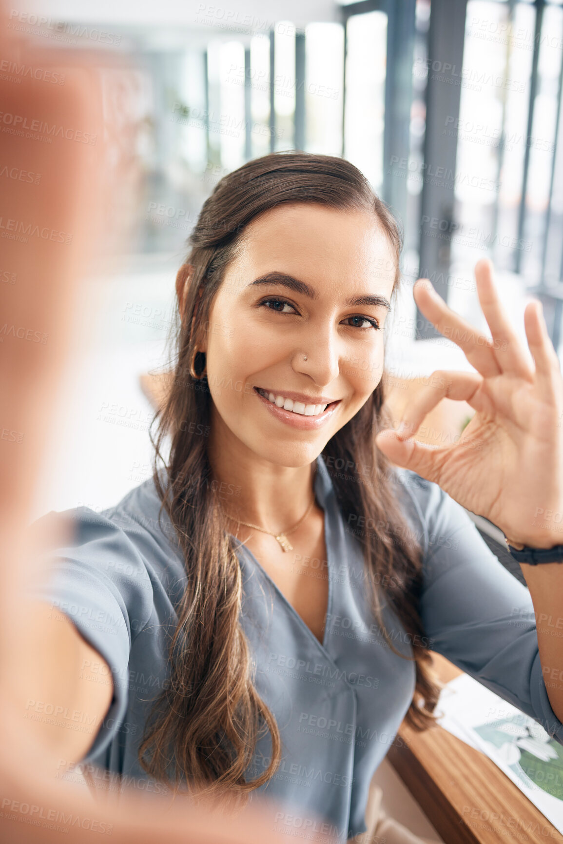 Buy stock photo Selfie, portrait and business woman with ok sign for success, agreement and perfect emoji in office. Picture, smile and happy female worker with hand gesture for okay, good job and yes icon at desk