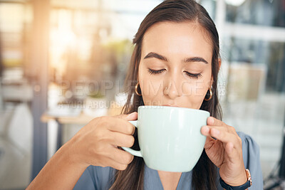 Buy stock photo Coffee drink, cup and face of woman drinking hot chocolate, tea or morning beverage for hydration, wellness or to relax. Caffeine, female business manager or corporate office person with espresso mug