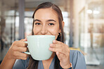 Coffee drink, face portrait and woman drinking hot chocolate, tea cup or relax morning beverage for hydration wellness. Caffeine, female business manager or corporate office person with espresso mug