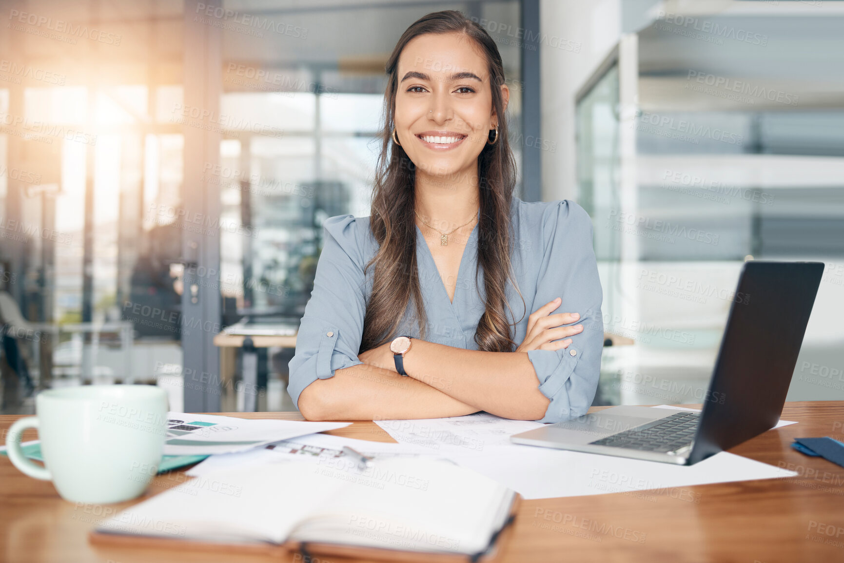 Buy stock photo Business woman, portrait and smile at desk in office for paperwork, laptop or administration in Canada. Happy, young or confident female worker with pride planning project at table in startup company