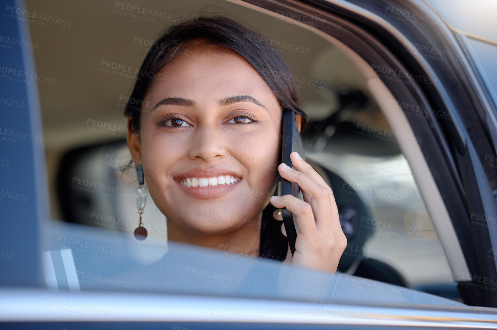 Buy stock photo Travel, phone call and woman in car, happiness and communication on journey, smile and relax. Female traveler, happy girl and commuter with smartphone, connection and talking in vehicle and transport