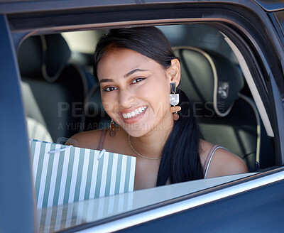 Buy stock photo Shopping, happy and portrait of a woman in a cab for transportation after retail in the city. Smile, happiness and a girl with bags from fashion, store or boutique in a taxi car for transport