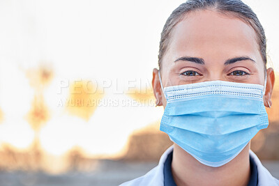 Buy stock photo Covid mask, doctor and woman portrait outdoor for medical and health insurance mockup. Face of healthcare worker and ppe for safety policy, compliance or corona virus protection for wellness and help
