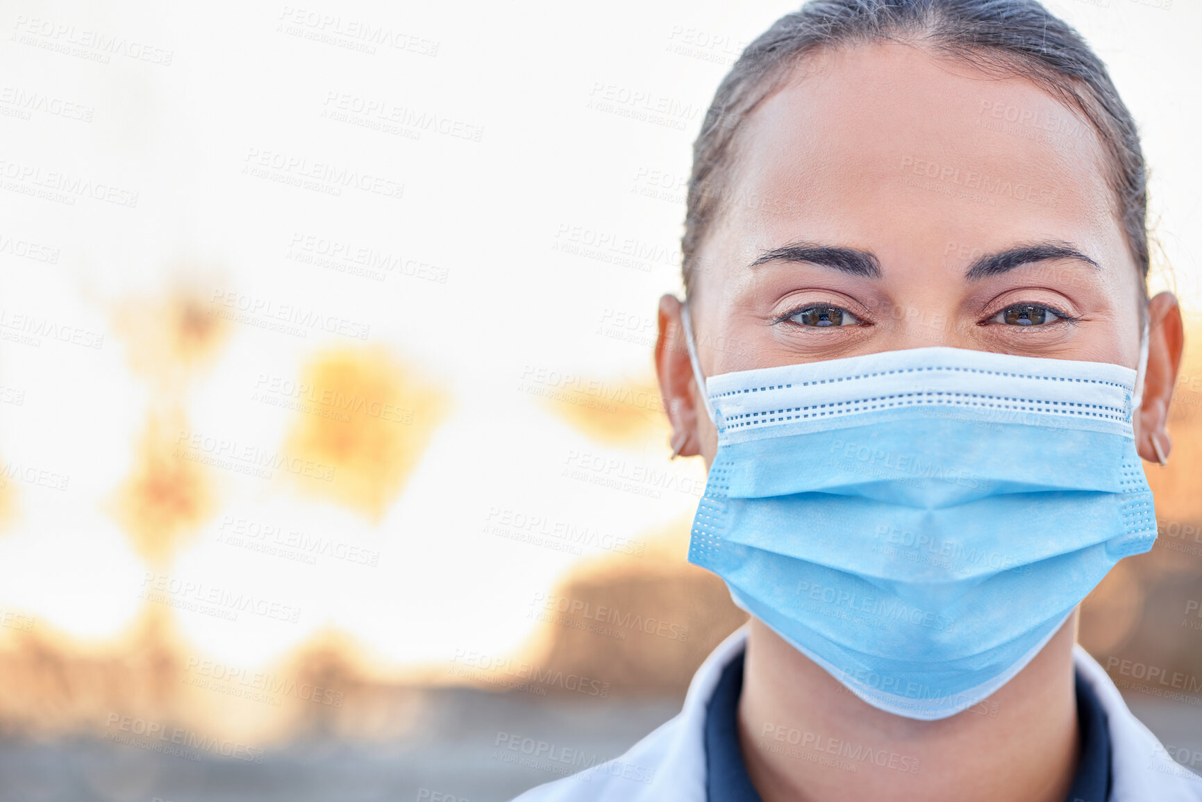 Buy stock photo Covid mask, doctor and woman portrait outdoor for medical and health insurance mockup. Face of healthcare worker and ppe for safety policy, compliance or corona virus protection for wellness and help