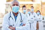 Covid mask, doctor and black man portrait outdoor with arms crossed for medical and health insurance. Face of a healthcare worker with ppe for safety, compliance and corona virus for wellness