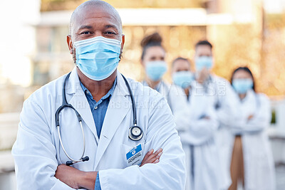 Covid mask, doctor and black man portrait outdoor with arms crossed for medical and health insurance. Face of a healthcare worker with ppe for safety, compliance and corona virus for wellness