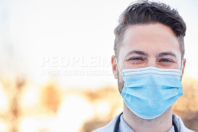 Buy stock photo Covid face mask, doctor and man portrait outdoor with space for medical and health mockup. A happy healthcare worker with ppe for corona virus safety, policy and compliance for wellness and help