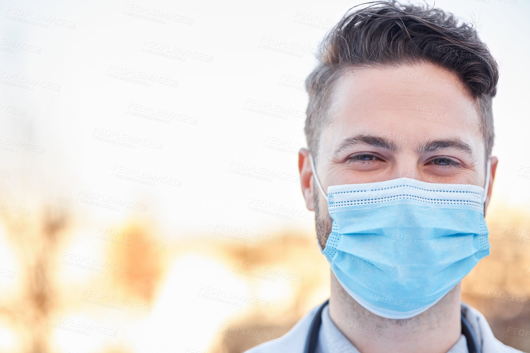 Buy stock photo Covid face mask, doctor and man portrait outdoor with space for medical and health mockup. A happy healthcare worker with ppe for corona virus safety, policy and compliance for wellness and help