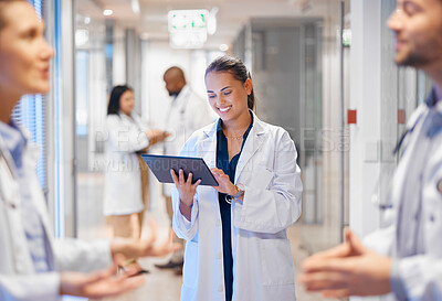 Buy stock photo Happy woman doctor on tablet for employees management, hospital workflow and clinic staff solution on software or app. Healthcare manager on digital tech for medical team research or problem solving