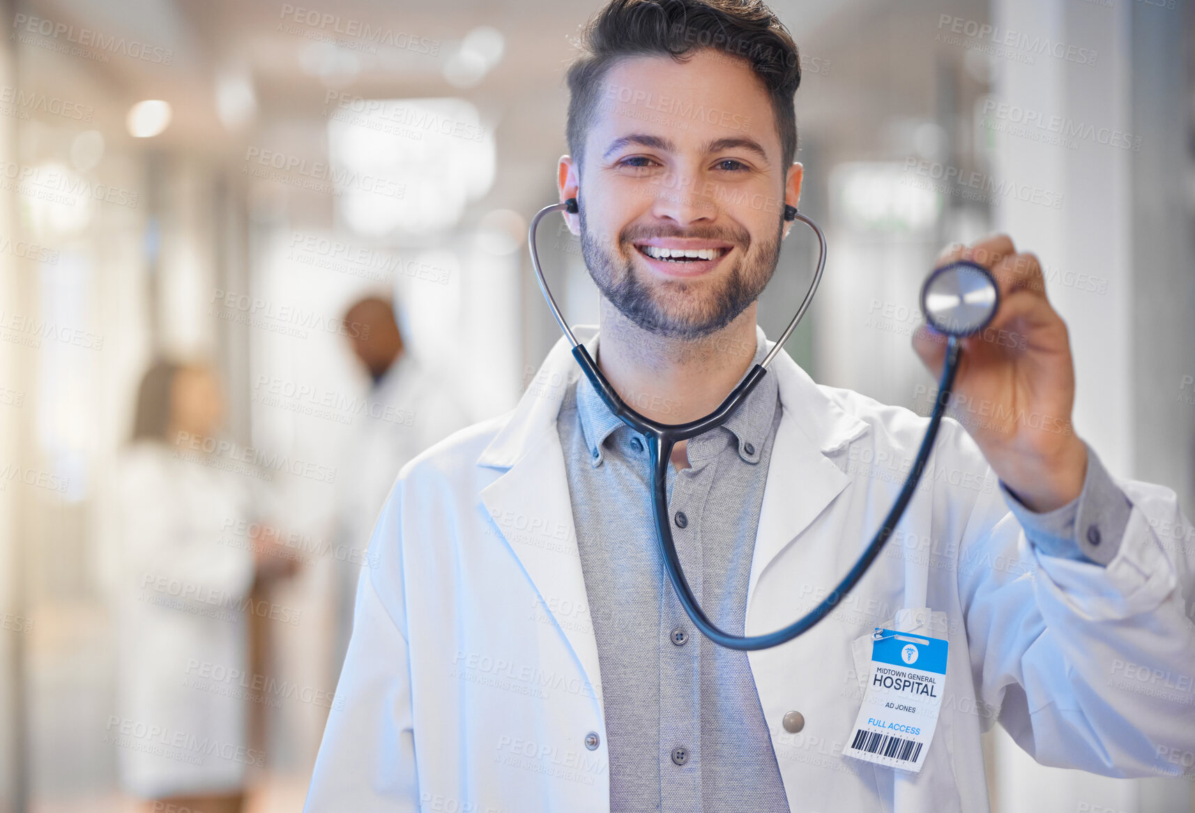 Buy stock photo Stethoscope, portrait or happy man doctor with leadership in hospital or clinic with smile or pride. Healthcare manager with job mindset for medical solutions or problem solving in health service 