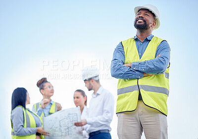 Buy stock photo Proud engineering man or manager outdoor planning, thinking of construction job and project management. Engineering blueprint, floor plan and leadership of architecture contractor on blue sky mockup