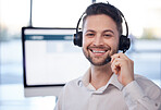 Man at call center, face and contact us with customer service employee, smile and CRM with consultant. Professional, portrait and communication, male with headset with help desk and telemarketing