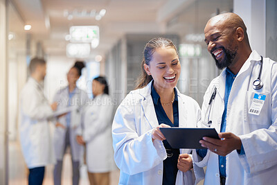 Buy stock photo Doctors teamwork on tablet for hospital research management, employees workflow or software clinic solution. Healthcare people on digital tech for medical team analysis, results or problem solving