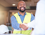 Handshake, architecture and engineer man partnership, real estate meeting or agreement at construction site. Project manager, contractor or diversity people shake hands in property or renovation deal