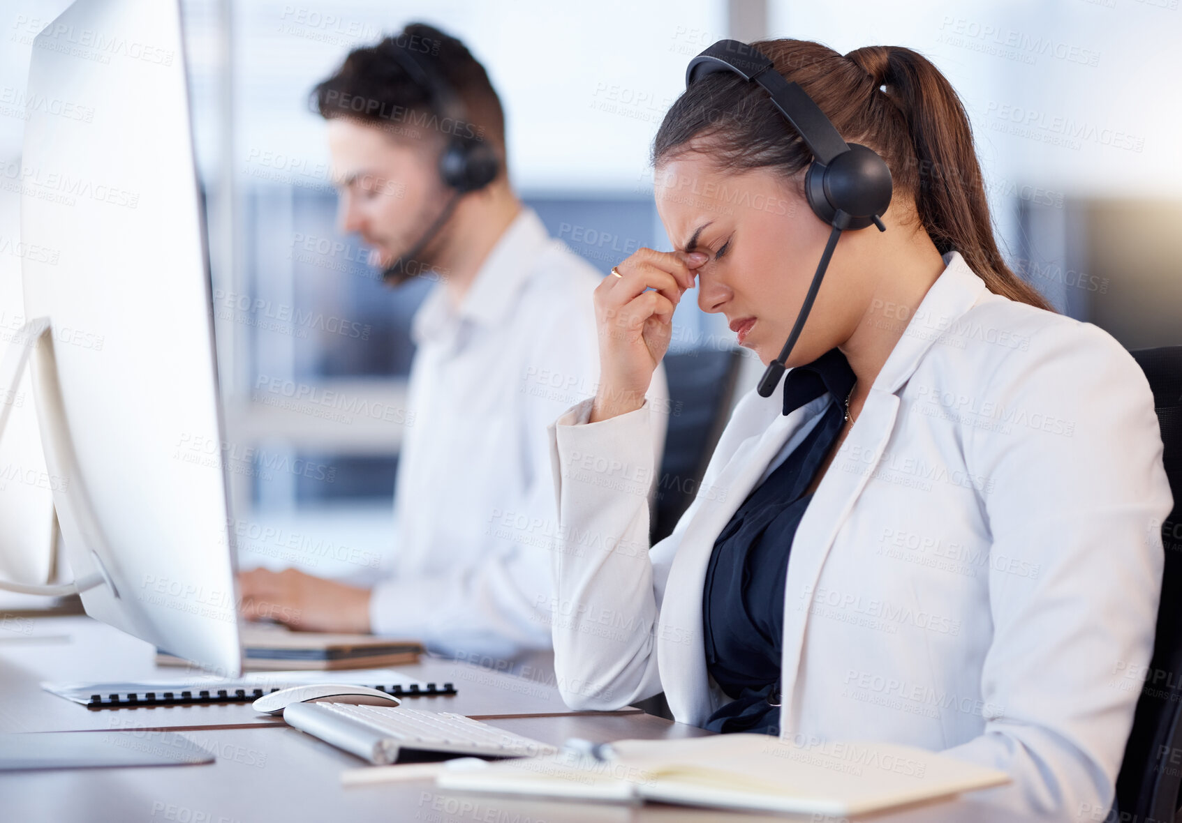 Buy stock photo Tired girl, headache or call center consultant with burnout is overworked by telemarketing deadline at help desk. Depressed or exhausted woman frustrated with job stress, migraine pain or fatigue 