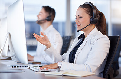 Buy stock photo Contact us, call center or friendly woman talking in telecom communications company in help desk. Happy smile, crm or insurance sales agent working or speaking online in technical or customer support