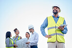 Happy man or engineering manager outdoor planning, thinking of construction job or project management. Digital tablet, blueprint and leadership of architecture contractor or person on blue sky mockup