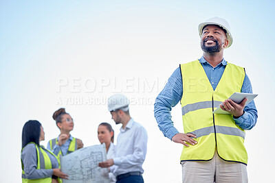 Buy stock photo Black man or engineering manager outdoor planning, thinking of construction job or project management. Digital tablet, blueprint and leadership of architecture contractor or person on blue sky mockup