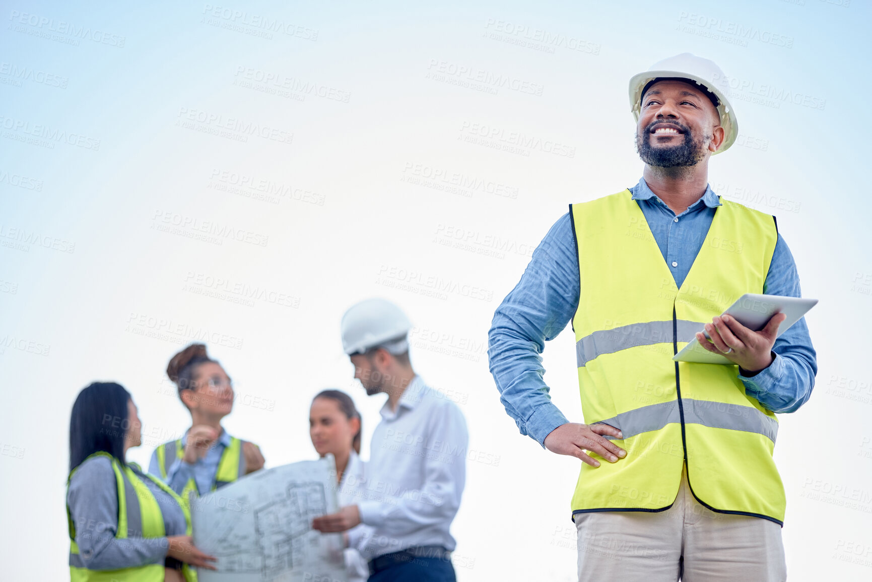 Buy stock photo Black man or engineering manager outdoor planning, thinking of construction job or project management. Digital tablet, blueprint and leadership of architecture contractor or person on blue sky mockup