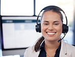 Contact us, call center or portrait of happy woman in telecom communications company in help desk. Smile, crm or face of friendly insurance sales agent working in technical or customer support 