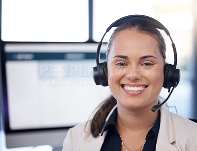 Buy stock photo Contact us, call center or portrait of happy woman in telecom communications company in help desk. Smile, crm or face of friendly insurance sales agent working in technical or customer support 