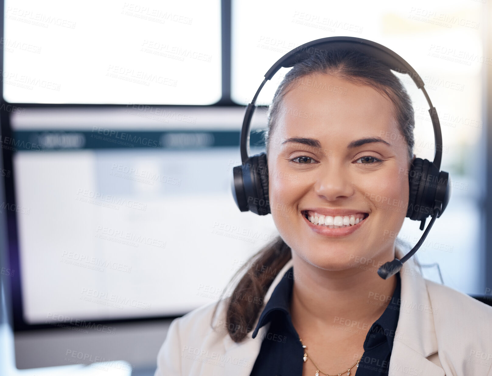 Buy stock photo Contact us, call center or portrait of happy woman in telecom communications company in help desk. Smile, crm or face of friendly insurance sales agent working in technical or customer support 